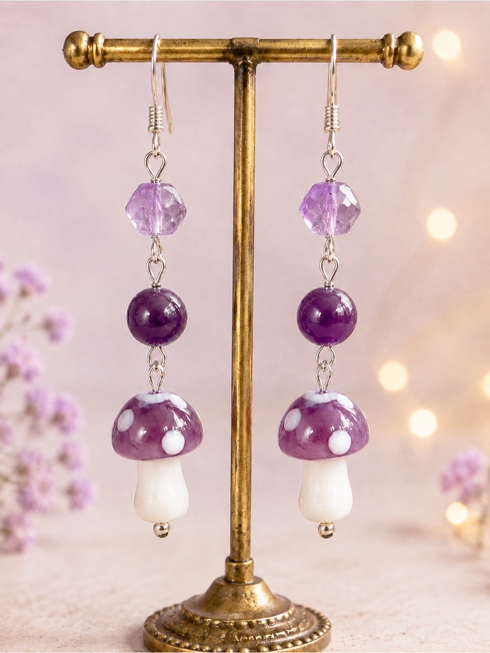 Handmade Purple Mushroom Drop Earrings - Women Jewelry